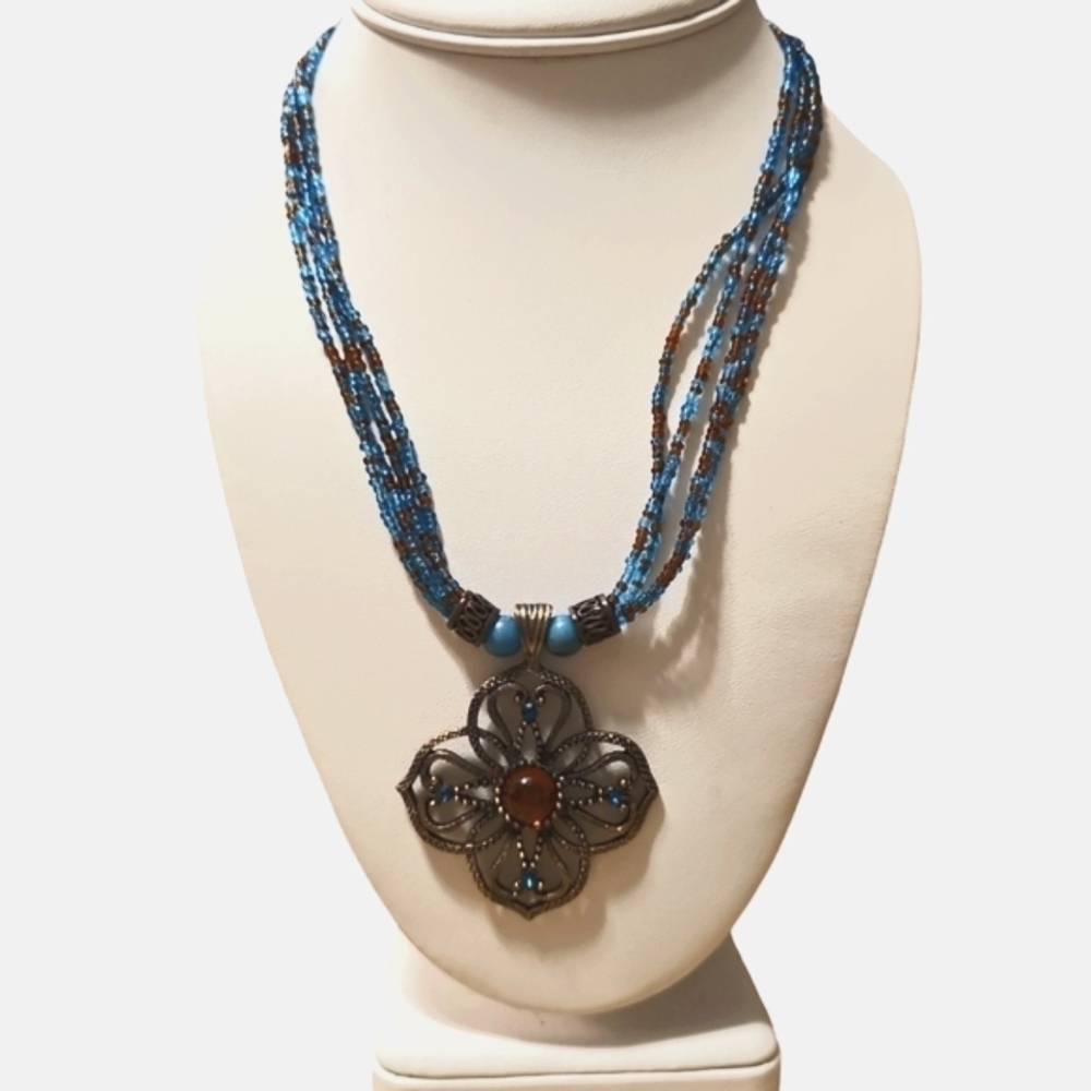 Mexican Vintage Lunasol beadwork multiple strands statement necklace